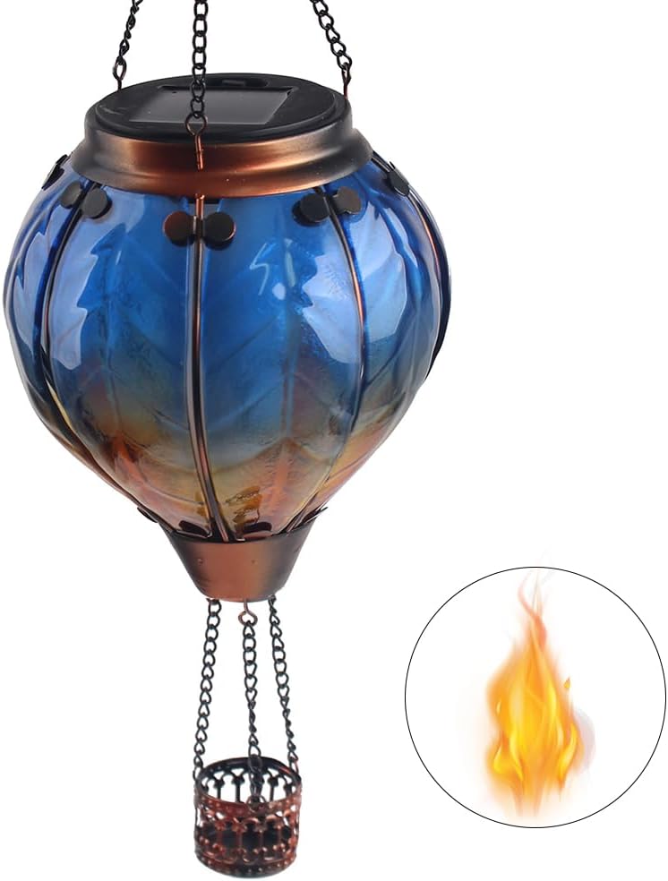 OUISJYER Farol solar de globo de aire caliente con llama parpadeante, faroles solares colgantes para exteriores, faroles impermeables, faroles