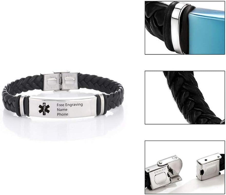 N+A Pulseras de piel de alerta médica vacunada contra la COVID-19, para hombres y mujeres, de acero inoxidable, con etiqueta de identificación de