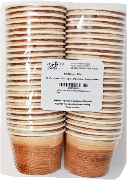 Gift Boutique 48 tazas de madera rústica, 10 onzas, café cortado de madera marrón, tazones de papel desechables para postres y helados, para