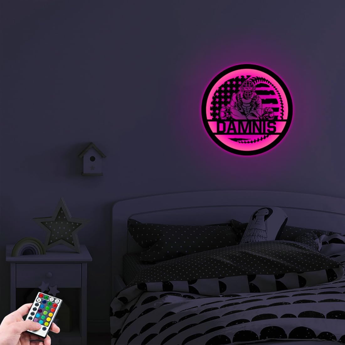 Letrero de metal personalizado para jugador de béisbol con luz LED, nombre y número personalizado, arte de pared de béisbol, letrero de neón con