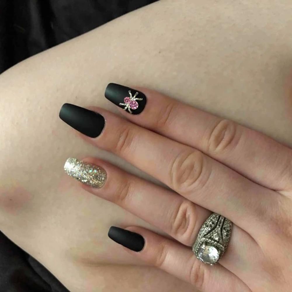 SHANRUN 36 dijes de uñas de araña, decoración de Halloween, diamantes de imitación plateados para uñas acrílicas, dijes de uñas de aleación con gema