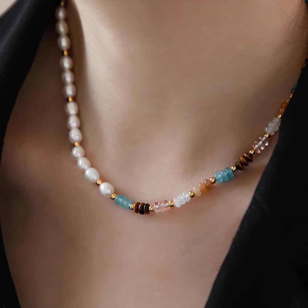 Freshwater Pearl Strand Necklace Tiger Eye Natural Gemstone Handmade Chain 18K Gold Jewelry Birthday Gift for Women 19inch Valentine Gift for Her
