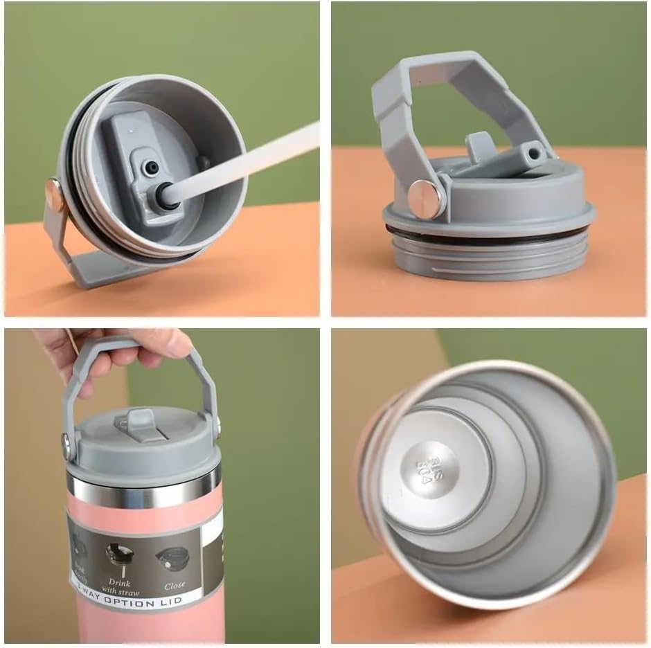 Vaso de acero inoxidable de 30 onzas con doble aislamiento al vacío con asa y tapa con popote, vaso a prueba de fugas, botella de agua con popote