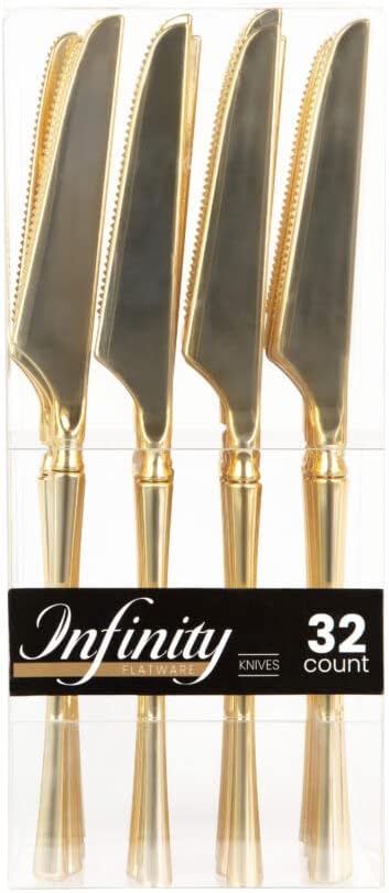 Blue Sky Infinity Flatware – Cuchillos desechables dorados, 32 unidades, cubiertos de plástico elegantes para eventos y celebraciones elegantes