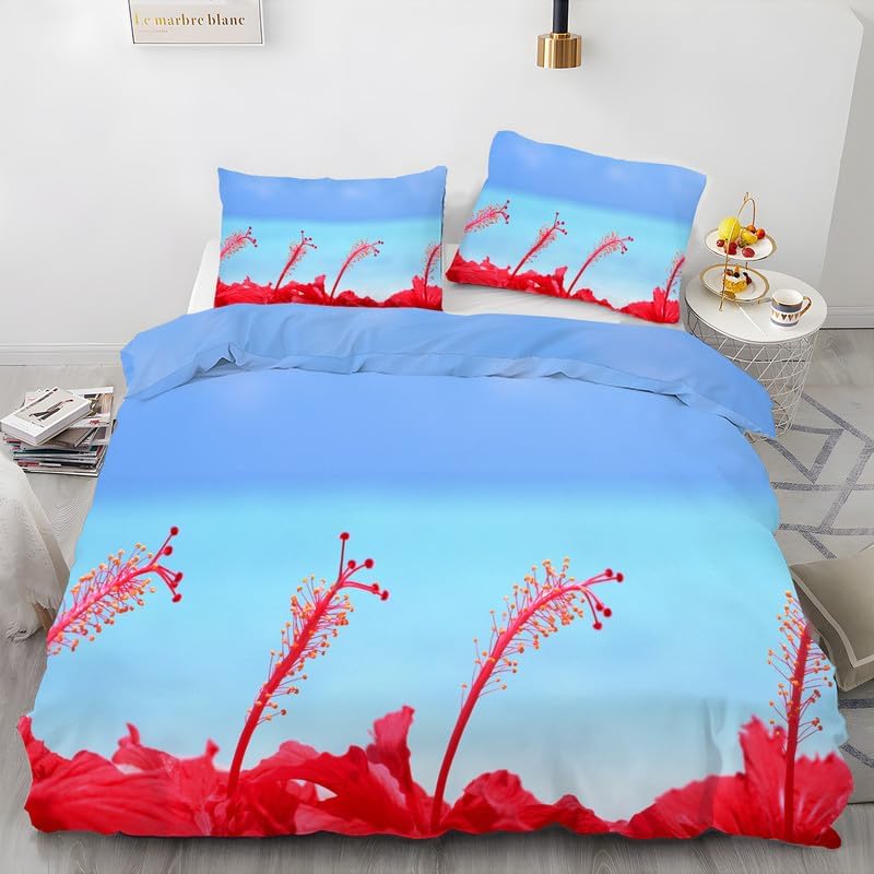 Light Blue Flowers California King Duvet Cover Floral Print Bedding Soft Microfiber Comforter Cover and 2 Pillow Shams 20″X36″, Bed Set Duvet Covers