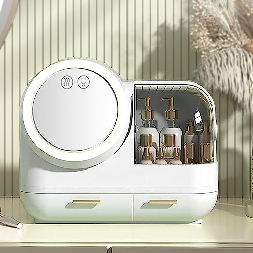 HURRISE Estuche de maquillaje con ventilador de espejo, organizador de maquillaje portátil con espejo y luz LED, vitrina de almacenamiento de