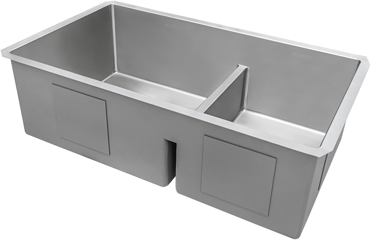 Ruvati RVH7419 – Fregadero de cocina de acero inoxidable de calibre 16 de 33 pulgadas, radio apretado 6040 de bajo división