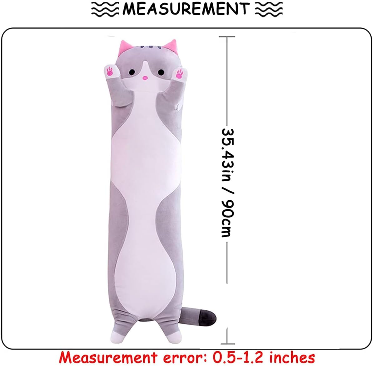 MDXMY – Almohada larga de felpa con diseño de gato, de dibujos animados, animales de peluche, suave y larga, para regalo (color gris, de 35.43