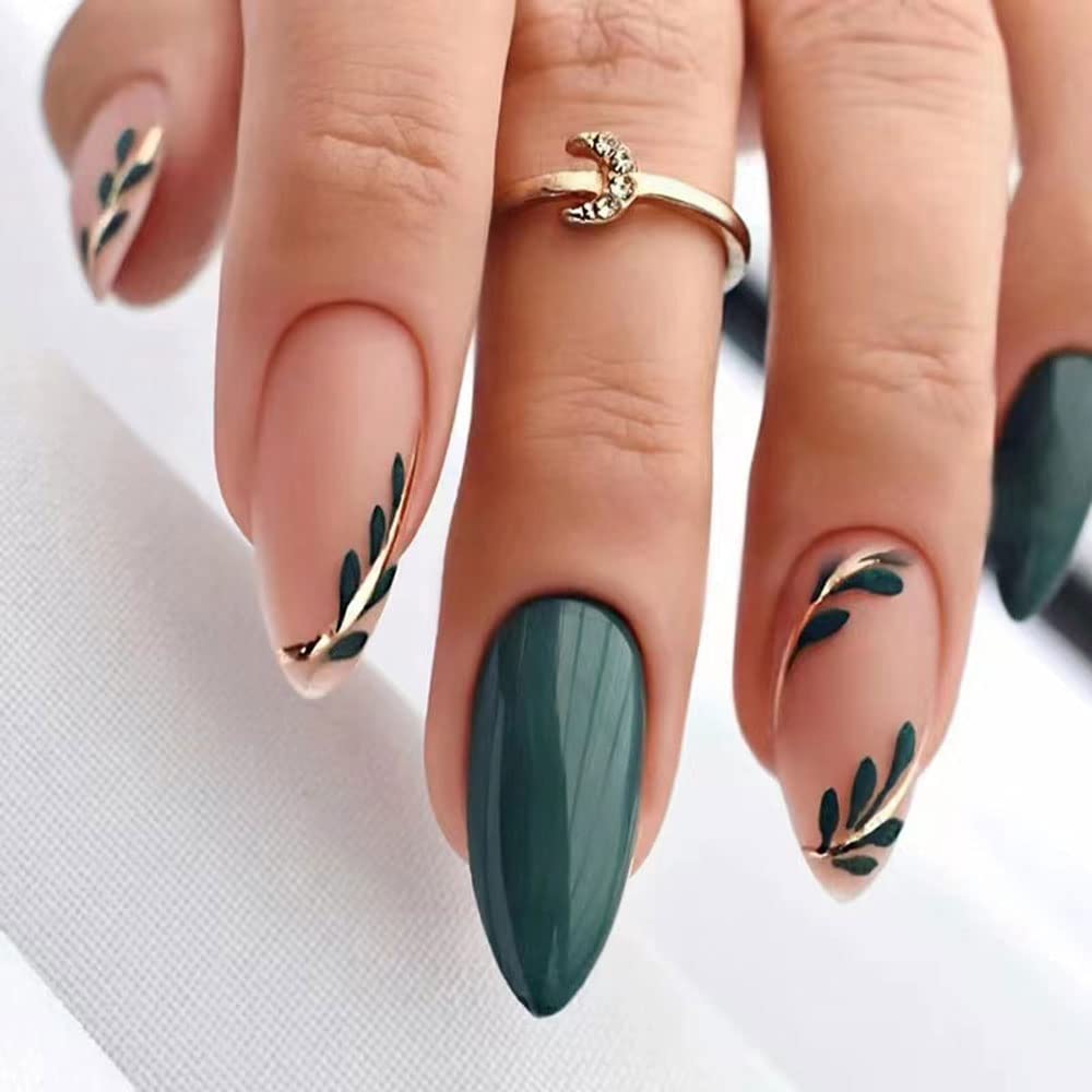 Magrace Uñas postizas medianas con diseño de almendra, uñas postizas francesas con diseños, 24 unidades, uñas adhesivas para mujer