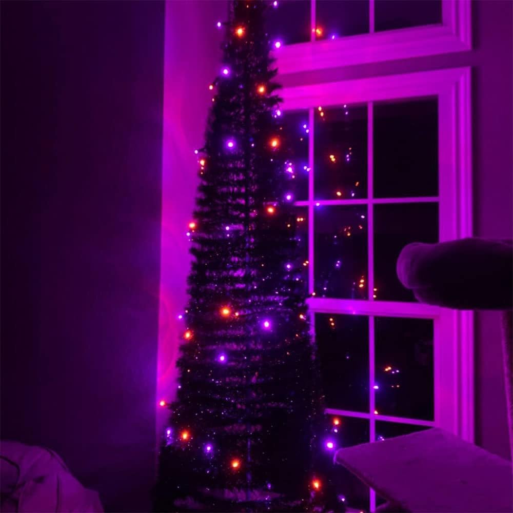 Paquete de 2 luces de Halloween naranjas y púrpuras, 200 luces LED, 66 pies, enchufe con 8 modos, luces de Halloween impermeables para exteriores,