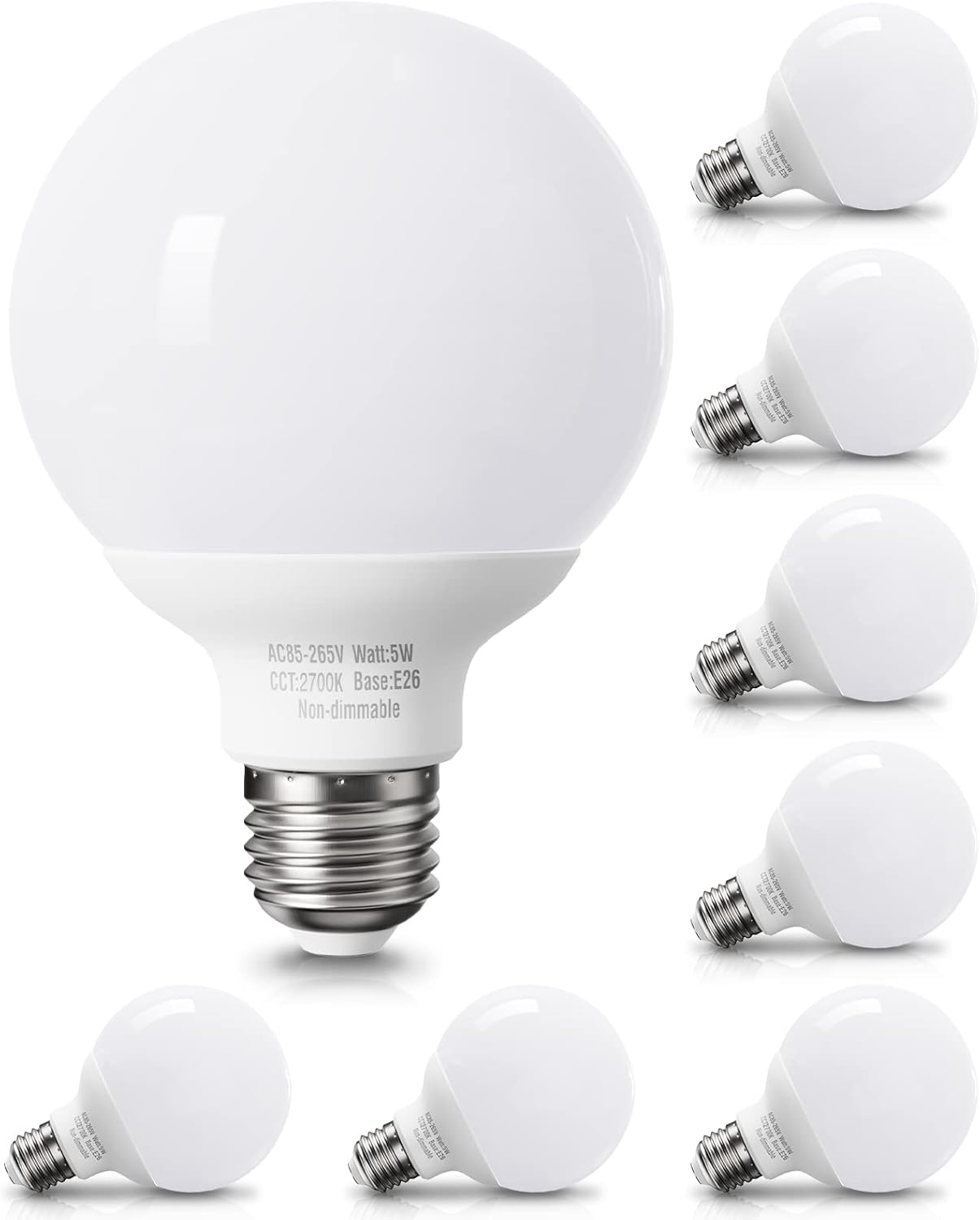 Paquete de 8 bombillas LED de color blanco cálido para baño, 120 V 60 vatios equivalentes, base mediana E26, bombillas redondas de tocador,