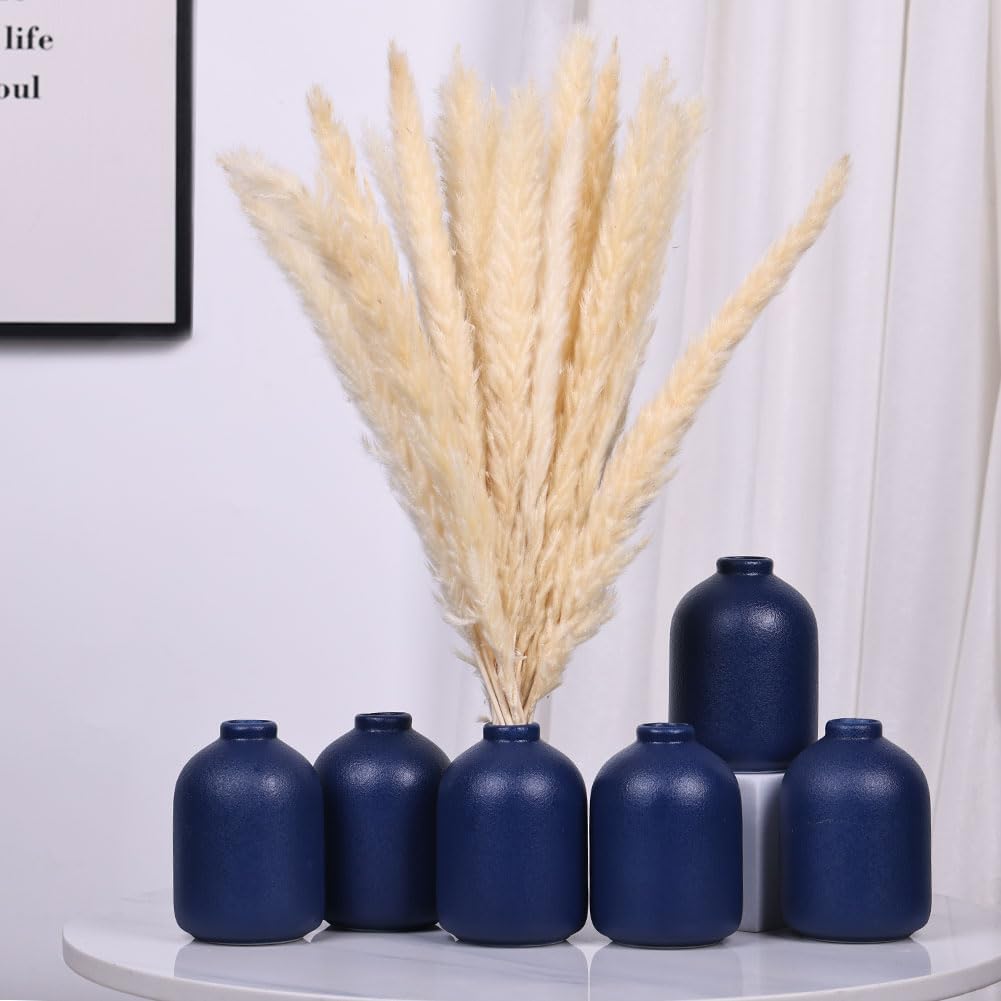 Juego de 6 jarrones de cerámica azul marino, pequeños, impermeables, decoración bohemia moderna para mesa, oficina, sala de estar, granja, jarrones