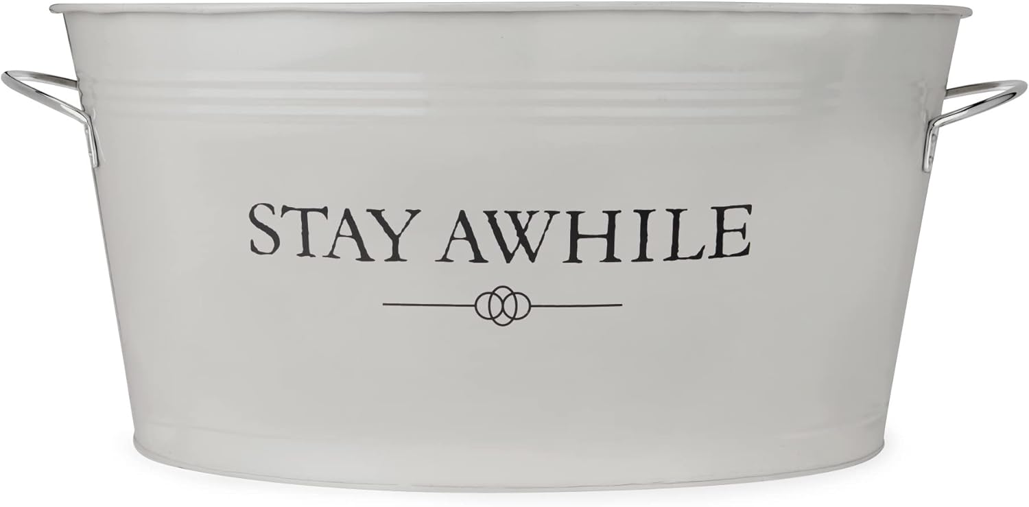 Twine Stay Awhile Cubo de hielo galvanizado pintado blanco y bañera de metal, bañera de hielo para bebidas para fiestas en capacidad de 6.3 galones