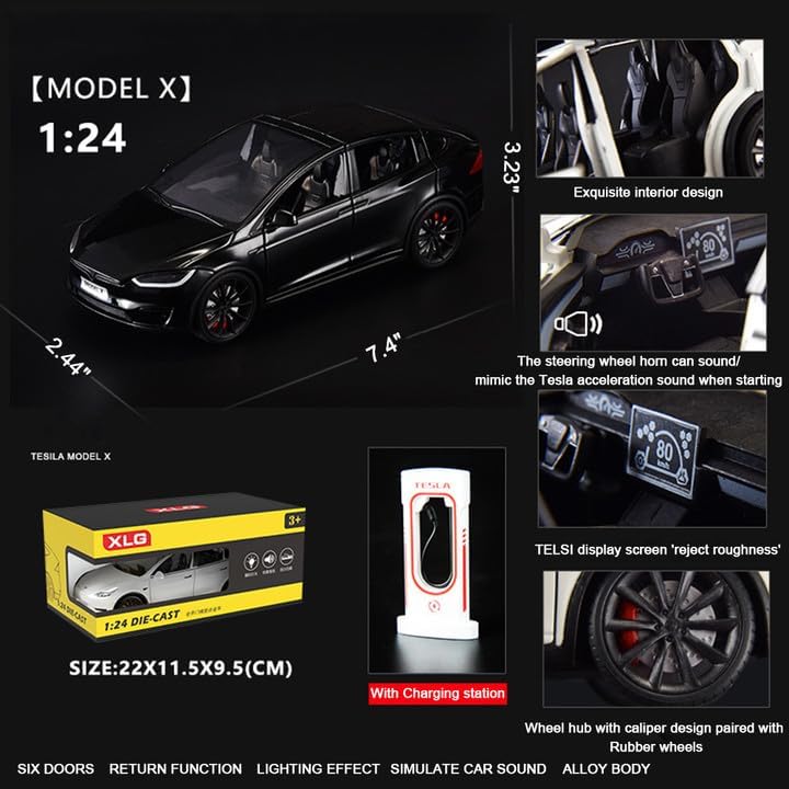 Modelo X a escala 124 Modelo de automóvil de aleación de juguete fundido a presión para niños, auto modelo X puerta de ala de gaviota, auto de