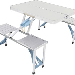 Mesa de picnic plegable portátil con asientos sillas y agujero para paraguas, mesa de aluminio ligera y compacta de aluminio para acampar al aire Mesa de picnic plegable portátil con asientos sillas y agujero para paraguas, mesa de aluminio ligera y compacta de aluminio para acampar al aire