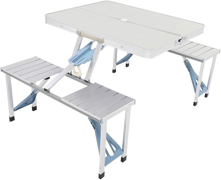 Mesa de picnic plegable portátil con asientos sillas y agujero para paraguas, mesa de aluminio ligera y compacta de aluminio para acampar al aire