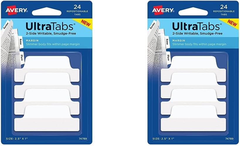 Avery Pestañas Margin Ultra, 2.5 x 1 pulgadas, 2 lados para escribir, blanco, 24 pestañas reposicionables (74789) (paquete de 2)