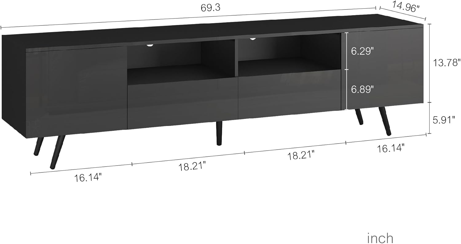 Moderno soporte de TV LED para TV de hasta 55, 60, 65 pulgadas, centro de entretenimiento de alto brillo con cajón y estantes abiertos, gabinete de