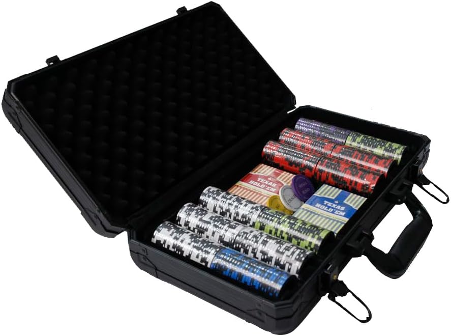 THUNDERBAY Juego de póquer de 300 unidades de 0.49 oz, fichas compuestas de arcilla de 14G con estuche de aluminio, dos barajas de cartas, juego
