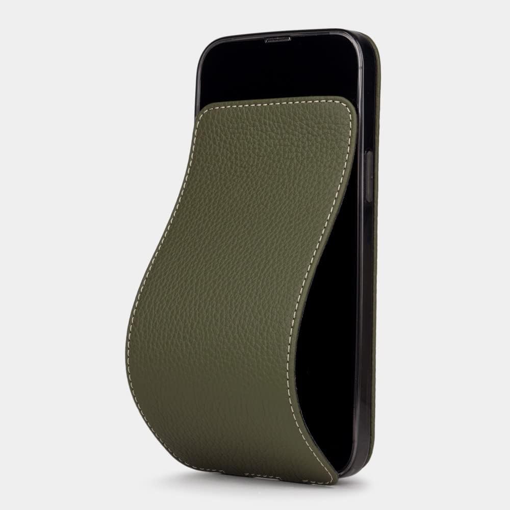 Funda de piel protectora para iPhone 14 Pro Max – Modelo patentado – Ultra fina – Fabricada en Francia con piel natural – Verde