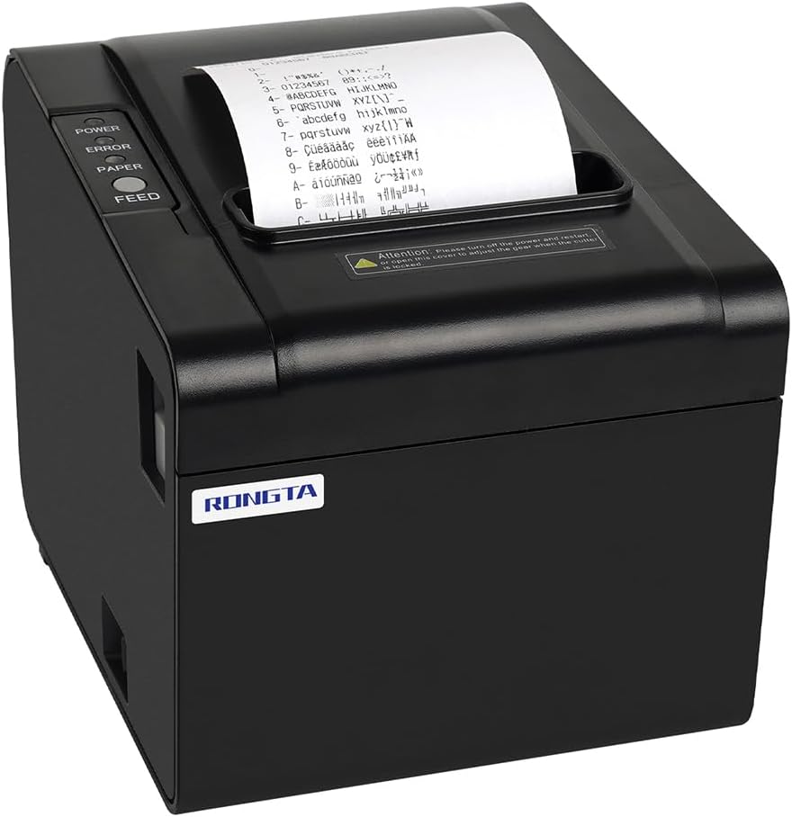 Rongta Impresora de recibos POS, impresora térmica de 3.150 in, ESCPOS, impresora de cocina de restaurante con cortador automático, cajón de