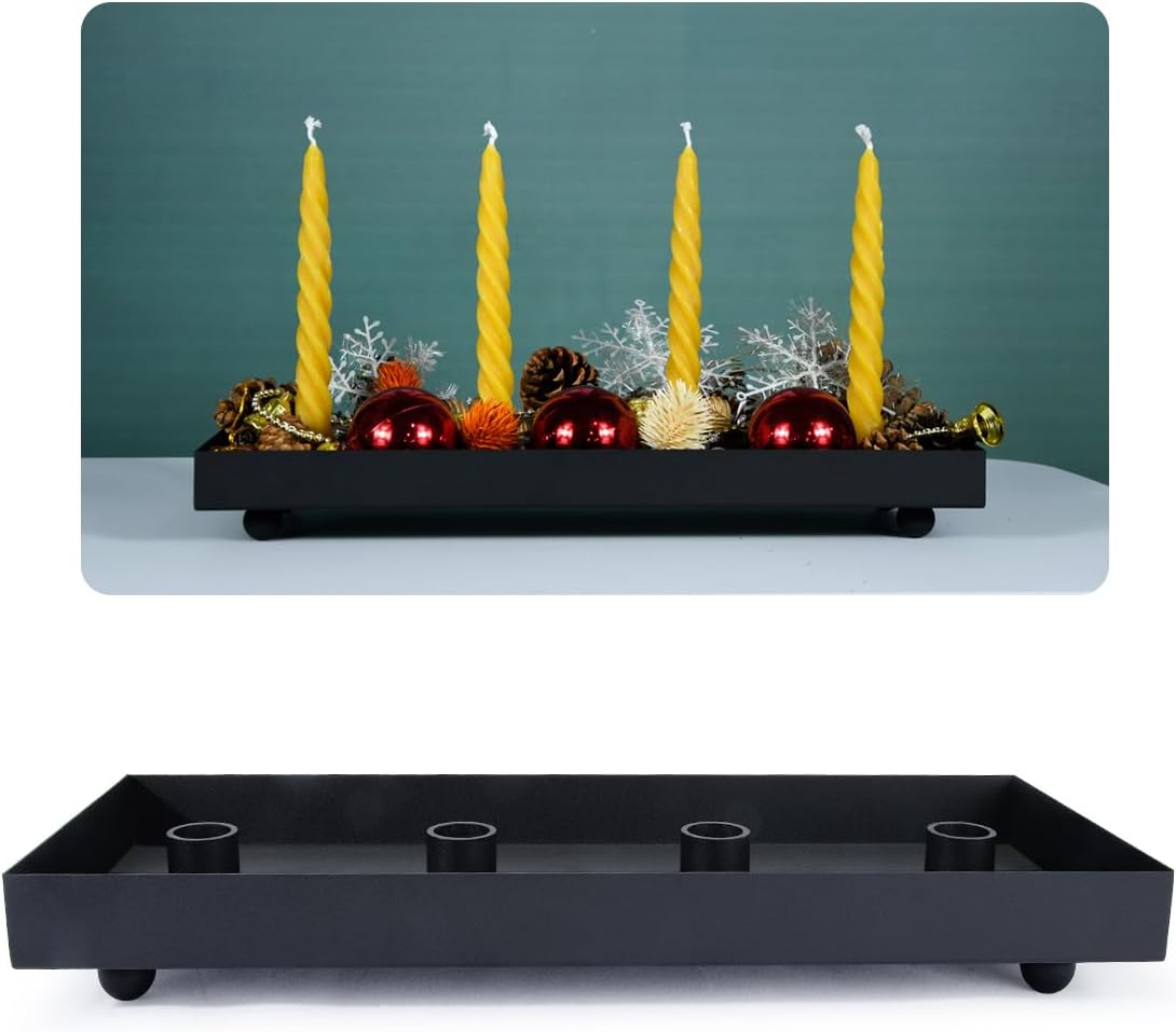 TELOSMA Bandeja portavelas de 4 asientos, soporte de velas de hierro negro mate para velas cónicas  Bandeja decorativa de mesa de comedor de fiesta,
