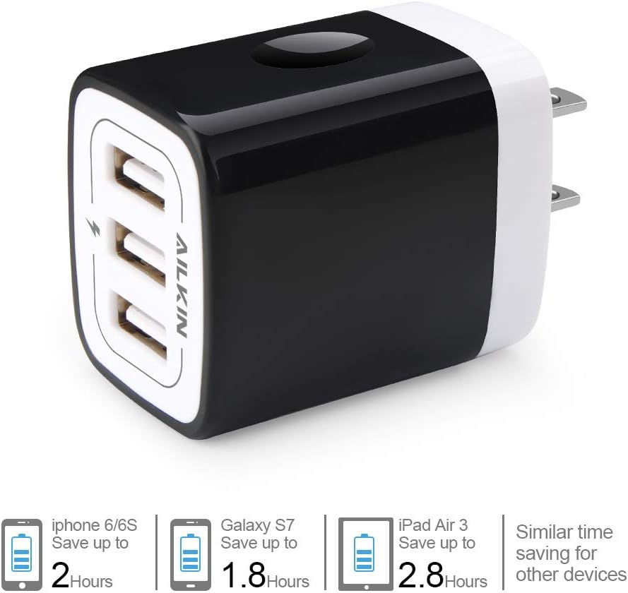 Cargador de pared, enchufe de cargador rápido multipuerto AILKIN de 3.1A, adaptador de corriente de viaje para el hogar, base de bloque de carga