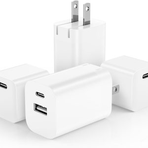 Paquete de 4 cargadores rápidos USB C 20 W PD de carga rápida de bloque de caja de cubos de enchufe y cargadores de pared dobles USB A+C de 12 W, Paquete de 4 cargadores rápidos USB C 20 W PD de carga rápida de bloque de caja de cubos de enchufe y cargadores de pared dobles USB A+C de 12 W,