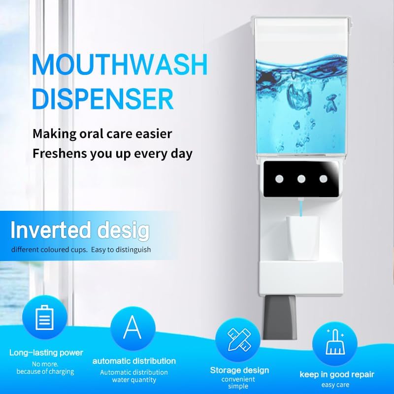 Dispensador automático de enjuague bucal para baño, dispensador de pared de lavado bucal de 23.67 onzas  23.7 fl oz con tazas magnéticas para niños