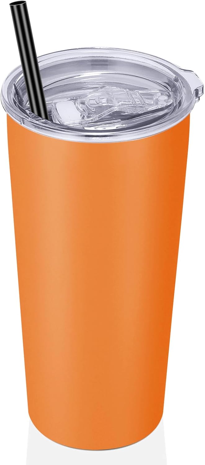 VEGOND Vaso de acero inoxidable de 20 onzas con tapa y pajita, aislado al vacío, taza de café de viaje de doble pared (paquete naranja 1)