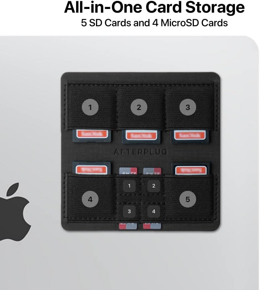 Afterplug – Soporte para tarjetas SD y MicroSD con adhesivo reutilizable para portátiles, 9 ranuras para tarjetas admite hasta 5 tarjetas SD y 4