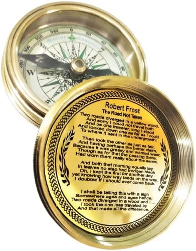 Brújula de bolsillo con poema de Robert Frost con calendario de 100 años de estuche de cuero