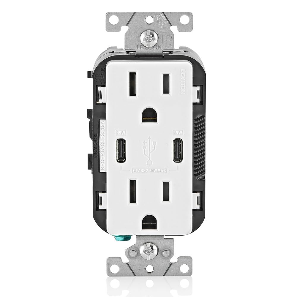 Leviton T5637-W 30W (6A) USB Dual Tipo-CC Cargador de pared con salida resistente a manipulaciones de 15A, cargador USB para teléfonos inteligentes