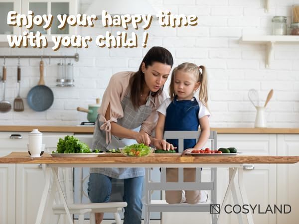 COSYLAND Taburete de cocina para niños con guantes, barandilla de seguridad extraíble anticaída, alfombrilla antideslizante para pie, taburete de