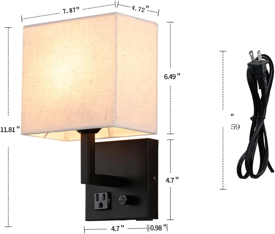 Aplique de pared enchufable, lámpara de pared de cabecera con enchufe e interruptor regulable, con puerto de carga USB y enchufe, adecuado para