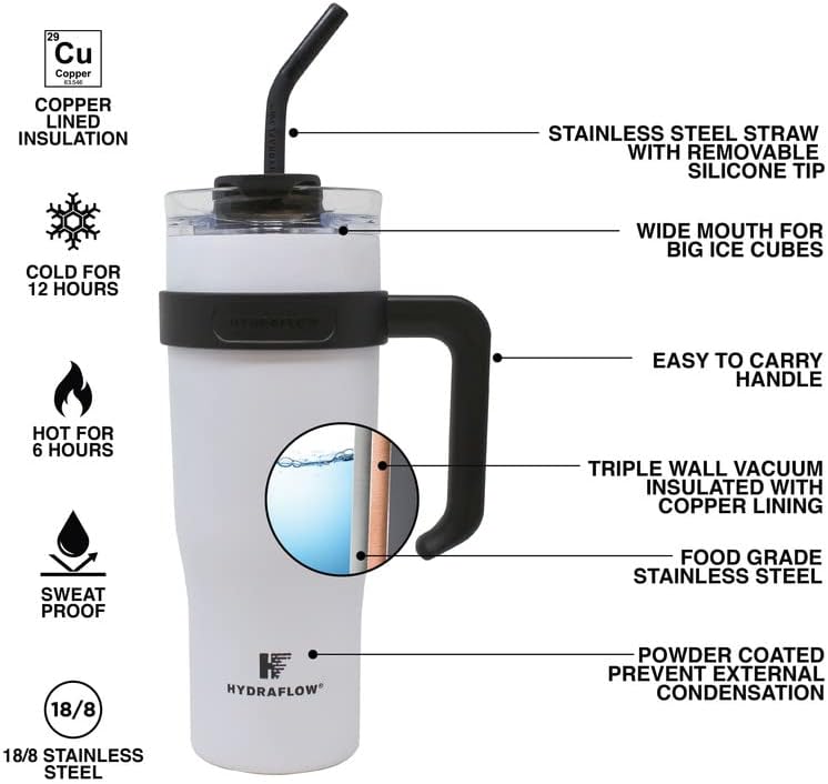 HYDRAFLOW Capri – Vaso de 40 onzas con popote  Vaso aislado al vacío de triple pared  Vaso aislado al vacío  Vaso de acero inoxidable  Vaso