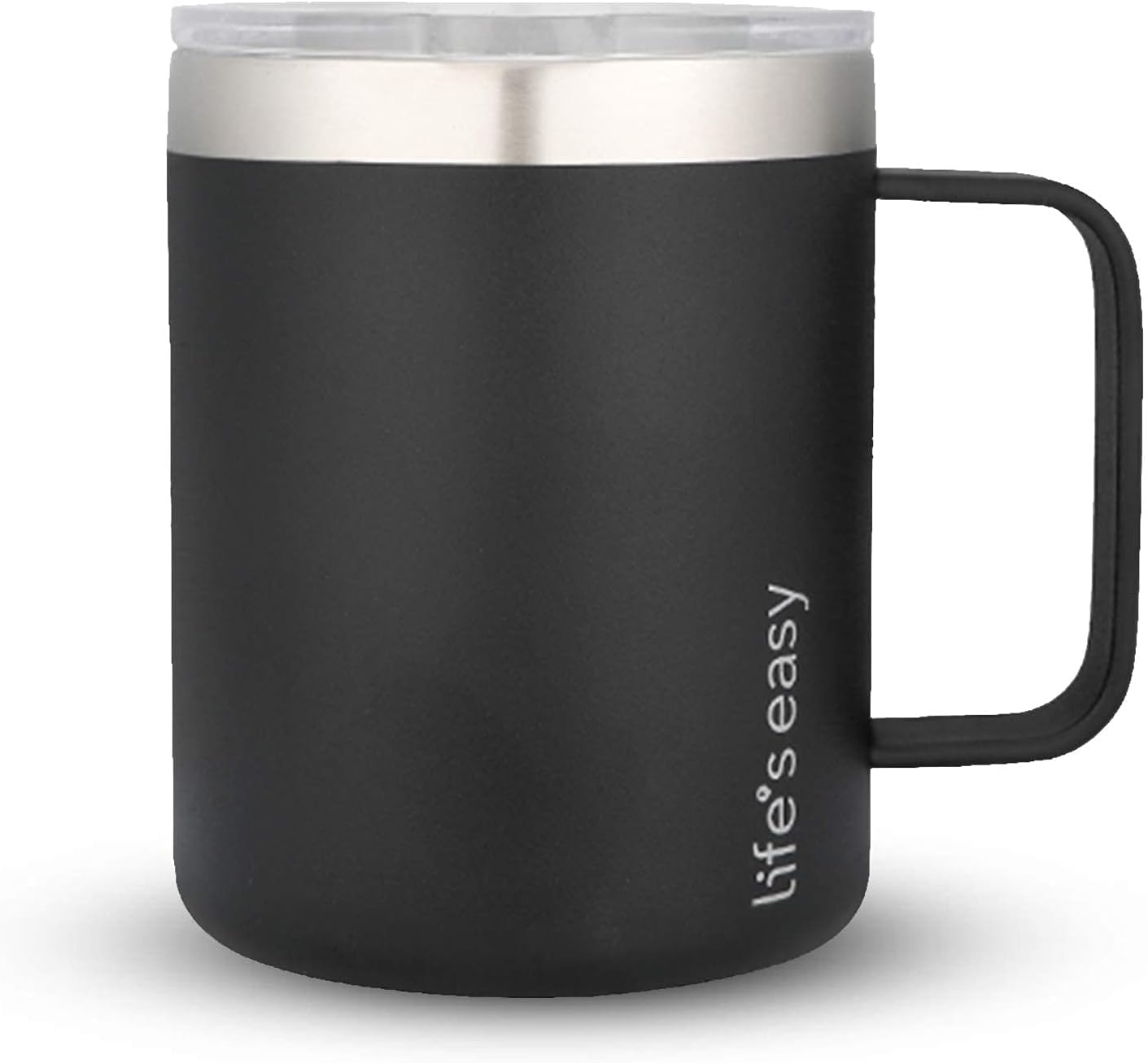 Life’s Easy Taza de acero inoxidable de 12 onzas con asa, vaso de viaje aislado de doble pared con tapa abatible, taza térmica para café, agua,