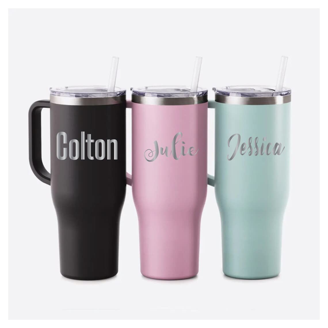Personalized Tumbler with Handle, Travel Mug, 40oz Stainless Steel Tumbler, Teacher Travel Mug with Straw, Charger Tumbler (Seaglass Matte)