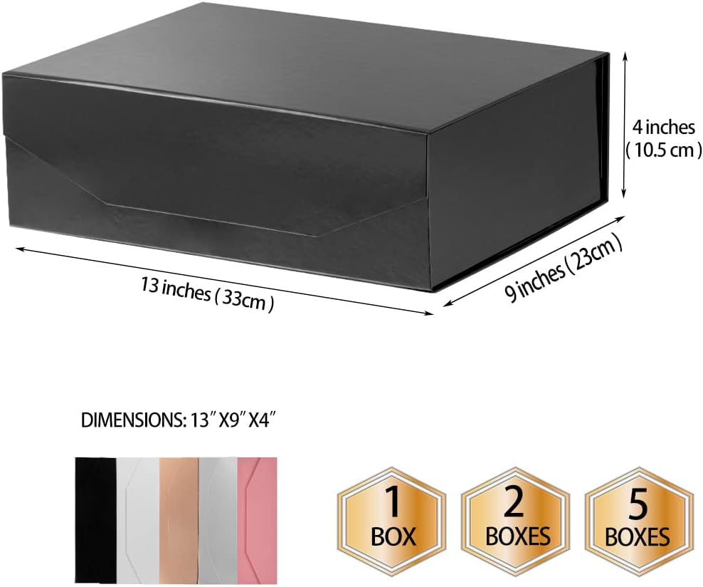 2 cajas de regalo grandes negras con tapa de 13 x 9 x 4 pulgadas, caja de propuesta de dama de honor, caja de regalo plegable dura con cierre