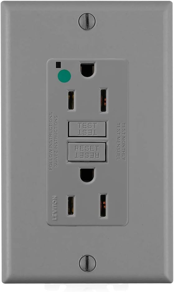 Leviton GFNT1-HGG 15A-125V Receptáculo GFCI de autoprueba dúplex extraresistente de grado hospitalario no resistente a manipulaciones, gris, 15