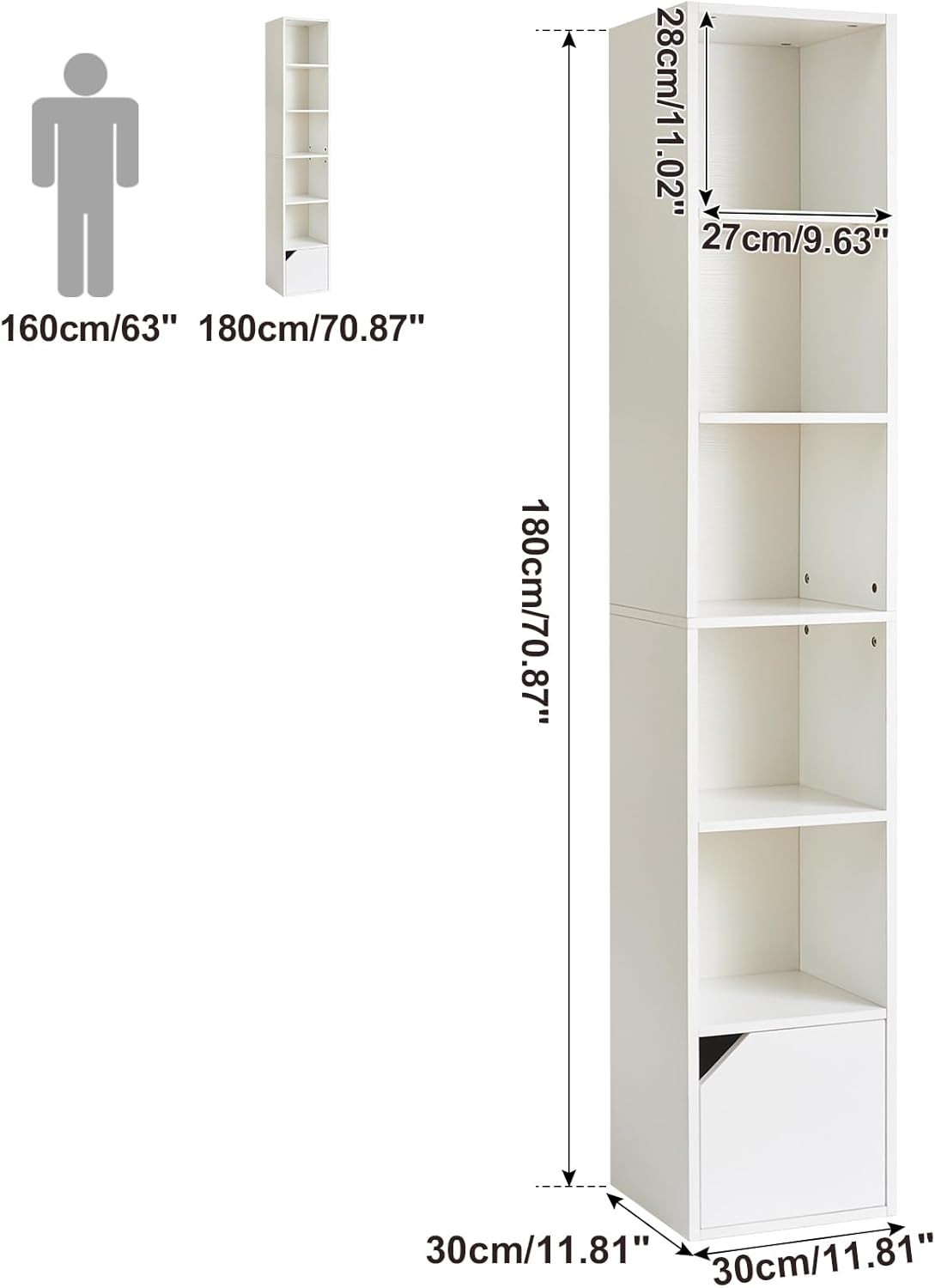 IBUYKE Estantería estrecha de 6 niveles de altura, moderna estantería de esquina blanca con almacenamiento de puertas, estante de torre multimedia,