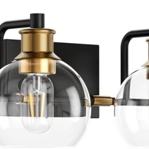 Tipace Lámparas industriales para tocador de baño, 4 luces, acabado vintage negro y dorado con globo de vidrio transparente, iluminación de baño de Tipace Lámparas industriales para tocador de baño, 4 luces, acabado vintage negro y dorado con globo de vidrio transparente, iluminación de baño de