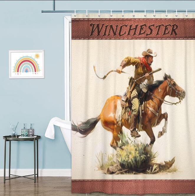 JAWO Juego de cortinas de ducha occidentales con diseño de vaquero con pistola a caballo, retro, vintage, decoración de baño con temática del