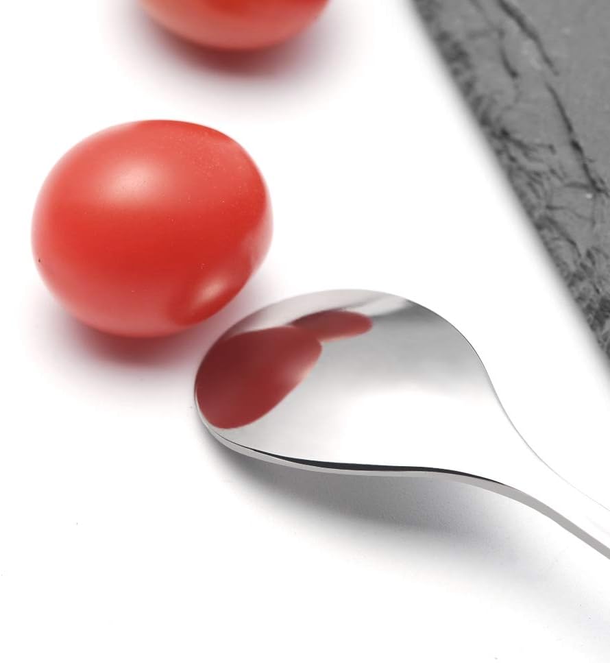 AnSaw Mini cucharas y tenedores con mango de hoja de 4.7 pulgadas, color plateado, 8 piezas, perfecto para café, postres, té, aperitivos, elegante