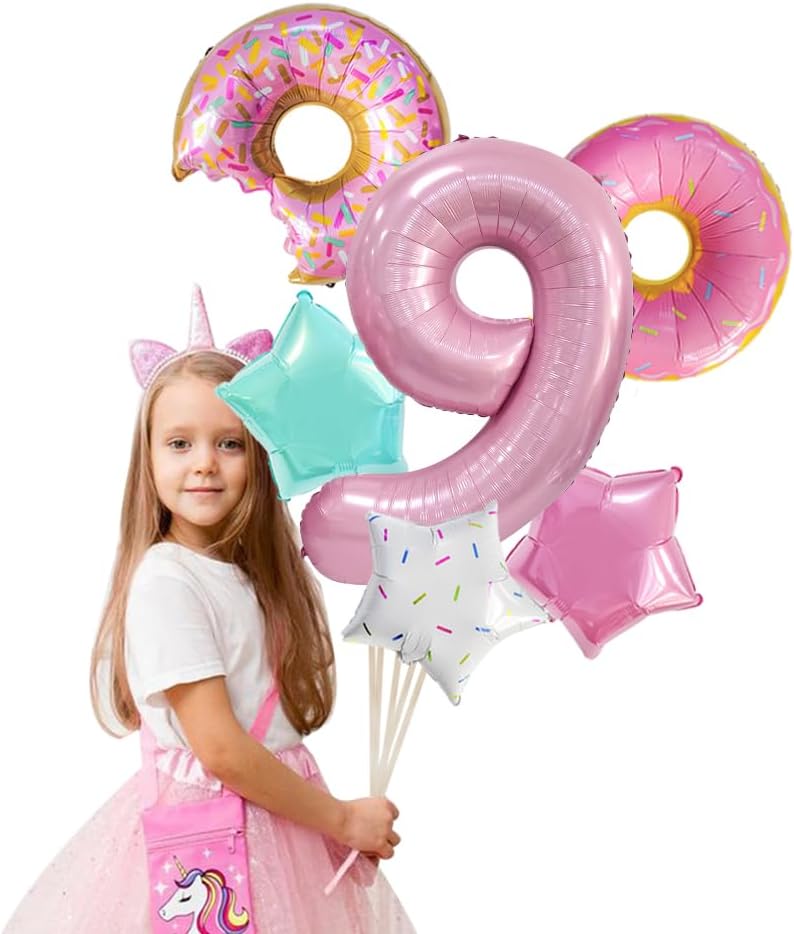 Decoraciones de cumpleaños en forma de dona, 6 globos de Dokuna en forma de dona, decoraciones de 9 cumpleaños para niñas, globos gigantes de