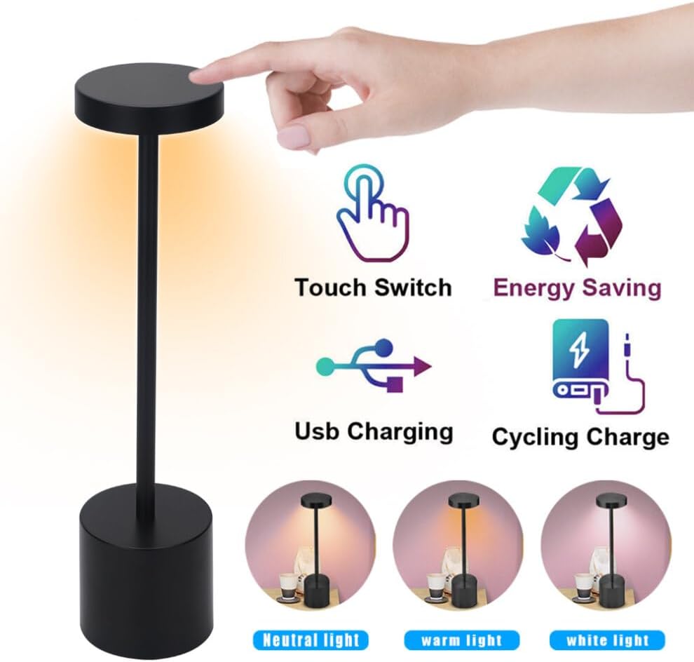 Lámpara de mesa LED inalámbrica, lámpara de escritorio recargable de 5000 mAh, 3 modos de iluminación, luz de mesa de metal regulable para