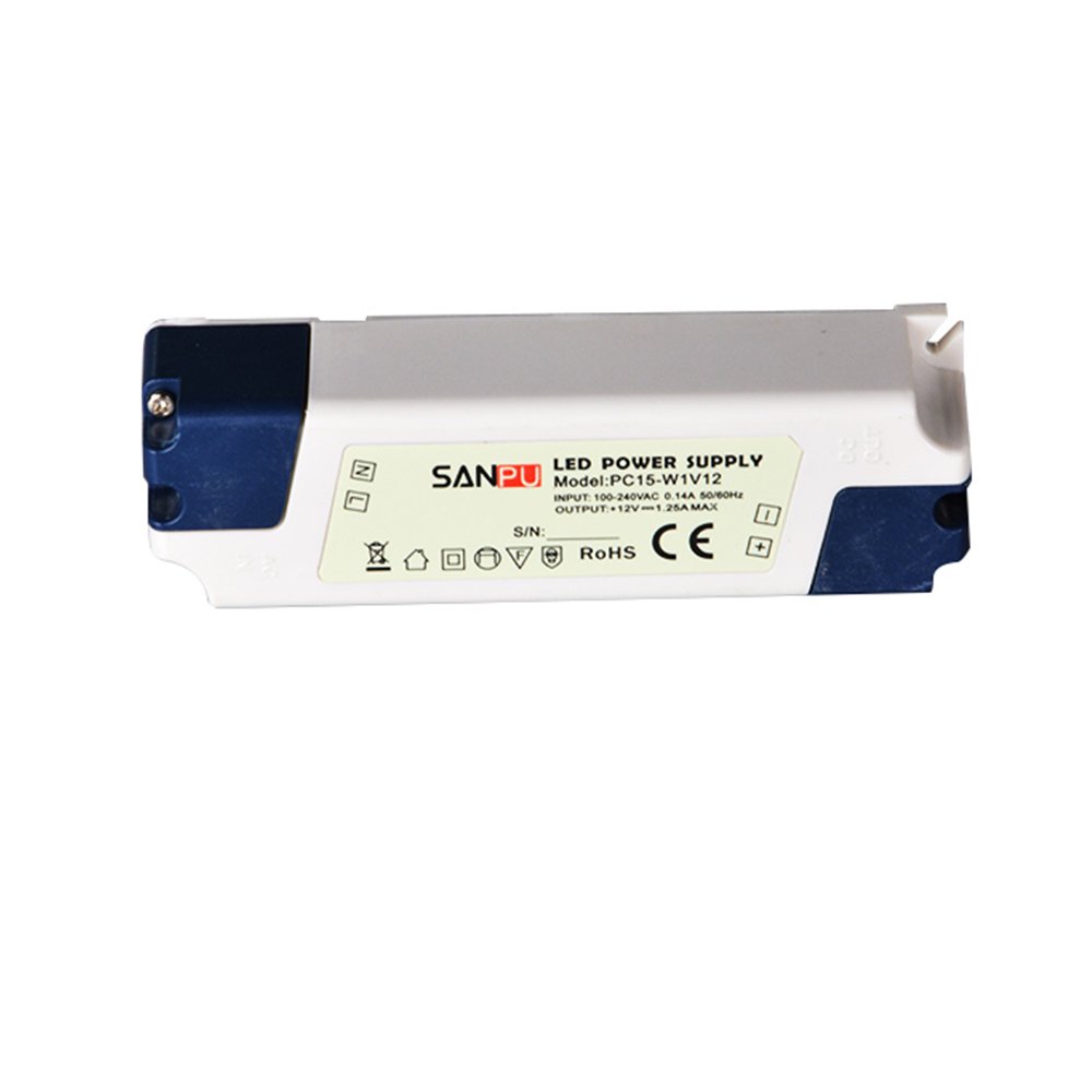 12v 15w led controlador de voltaje constante fuente de alimentación 220v 110v acdc transformador de luz interior IP44 plástico blanco (SANPU