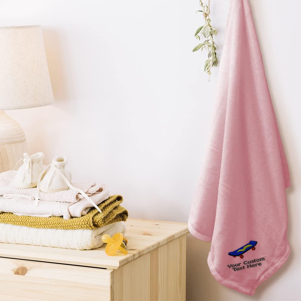 Custom Embroidery Nursery Bedding Baby Blankets for Boys & Girls Toy Skateboard Polyester Soft Plush Receiving Swaddle Blue Personalized Text Name