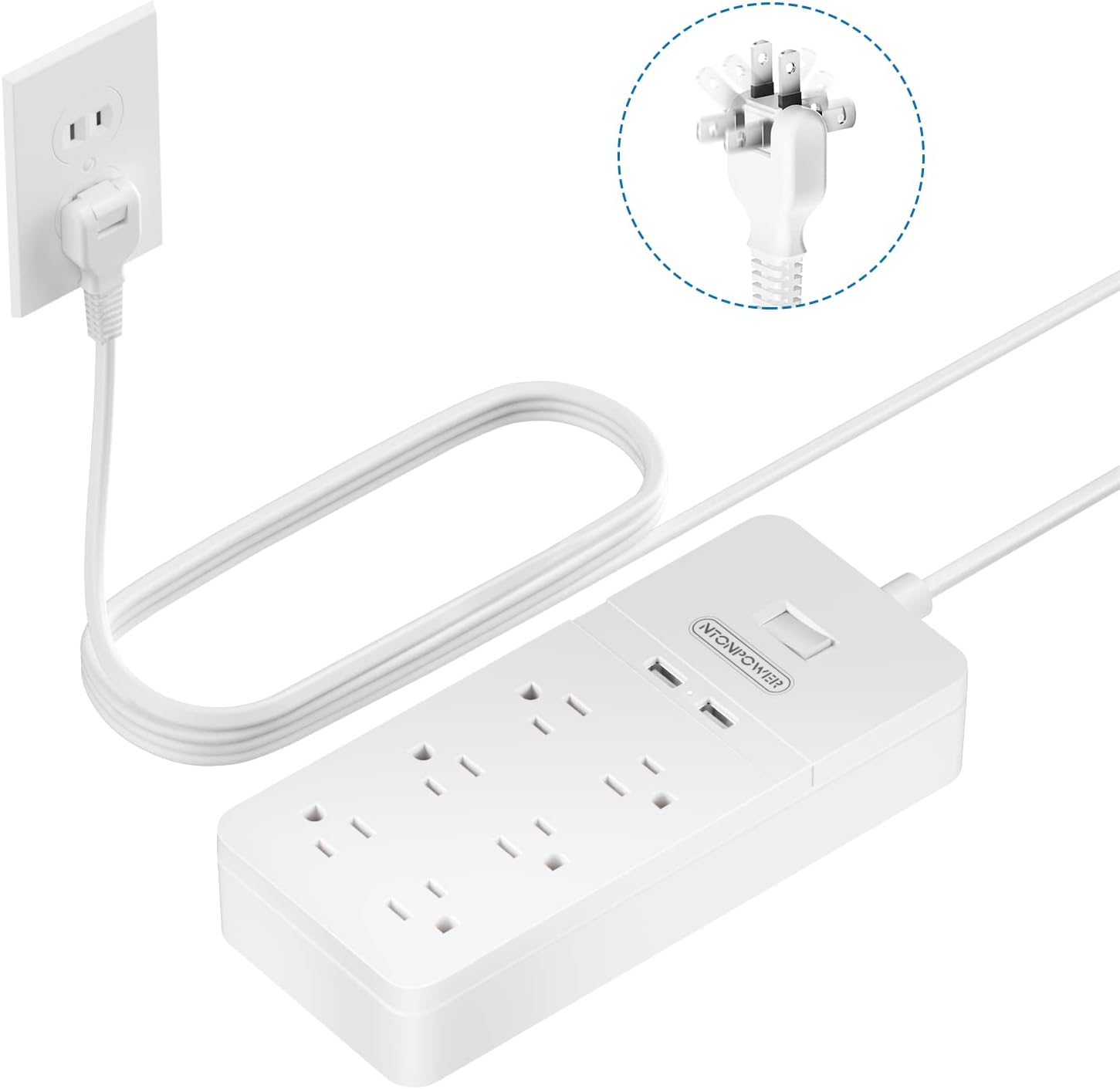 Regleta de alimentación de 2 clavijas con cable de extensión de 10 pies, protector de sobretensiones de enchufe plano NTONPOWER con 6 tomas, 2
