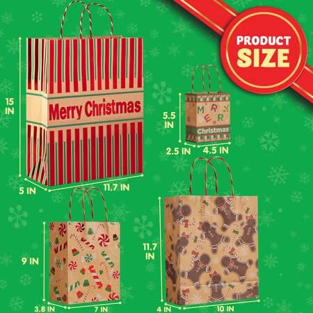 JOYIN 24 bolsas de regalo de papel de estraza de papel de estraza de Navidad de varios tamaños con asas de cordel para decoración de regalo de